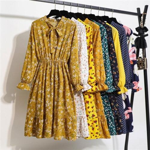 2021 New Fashion Womens Print Dress Female Casual Bow Neck Full Sleeved Dresses