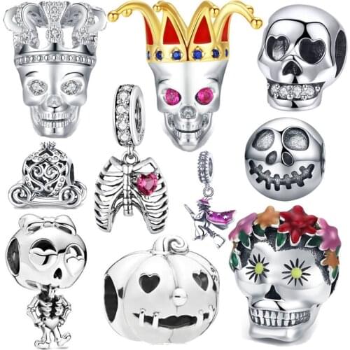 Halloween skull beads original 925 sterling silver charm fit Pan bracelet or necklace pumpkin pendant diy jewelry making bangle