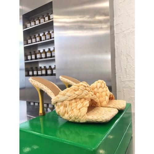 Braided style summer cream macaron color straps cross high-heeled sandals beach slippers square toe rubber sandals blossom women