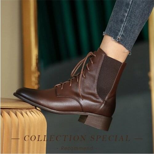 Martin Ankle Short Boots Womens Shoes British Style Autumn and Winter 2021 Genuine Leather Round Toe Lace Up Thick Heel