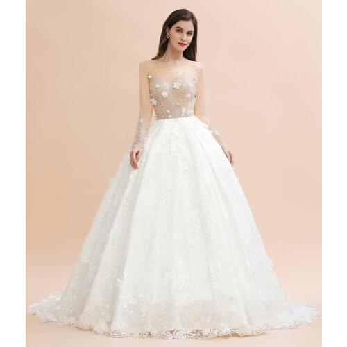 Luxury 3D Flowers Beads Ball Gown Wedding Dresses 2020 Sexy Open V Back Long Sleeve Wedding Bridal Gowns Robe De Mariee
