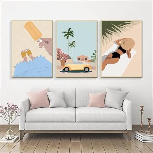 Nordic Minimalist Canvas Painting Girl Summer Vacation Vintage Palm Car Wall Art Posters And Print For Kids Room Home Decor