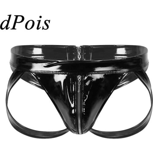 Mens Briefs Underwear Wet Look Patent Leather Homme Low Rise Panties Bulge Pouch Cut Out Double-ecnded Zipper Jockstrap Lingerie
