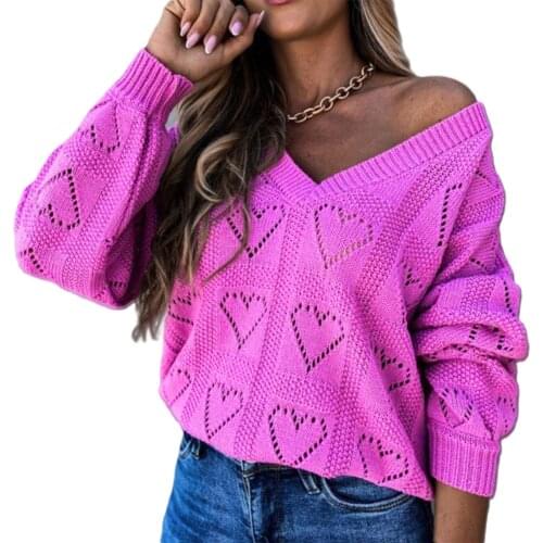 Women Autumn Winter Love Heart Hollow Crochet Sweater Loose Knitwear Jumpers