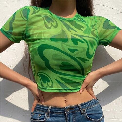 Green Kawaii Heart Printing See Through Mesh Summer Korean Fashion Short Sleeve Women T-shirt For Girls Sweet Y2k Crop Tops 2021