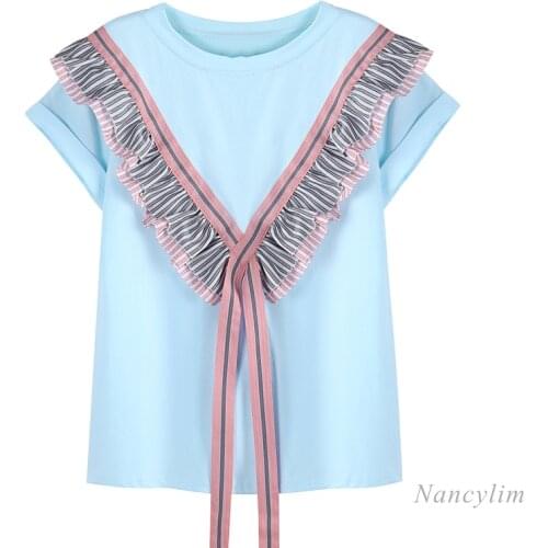 Womens T-shirt New Tied Lotus Leaf Stitching Round Neck Short Sleeve 2021 Summer Clothing New Loose Tops Blue Nancylim