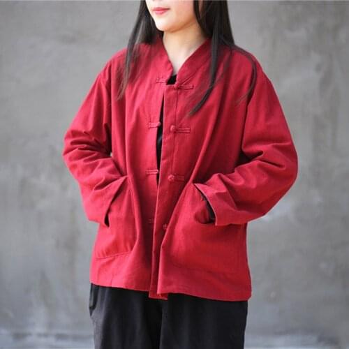 Women Loose Autumn Jacket Linen Coat Female 2019 Chinese Style Solid Color Short Coat Ladies Big Pockets Outerwear Coat Spring