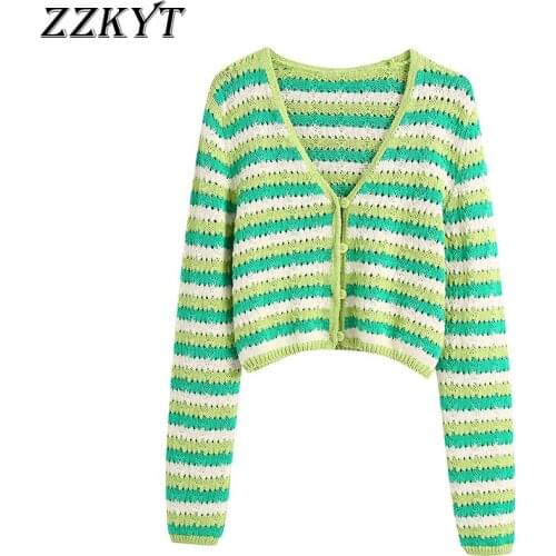 ZZKYT 2021 Women Spring Vintage Striped Knit Short Jacket Coat Fashion V-Neck Long Sleeve Single Breasted Outerwear Casual Tops