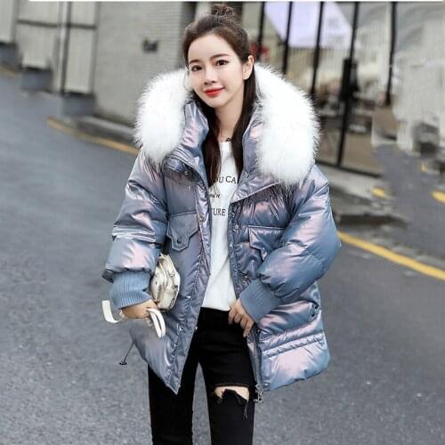 2021 Winter Big Fur Hooded Jackets Female Fashion Oversized Coats Glossy Casual Cotton Padded Parka Manteau Longue Femme Hiver