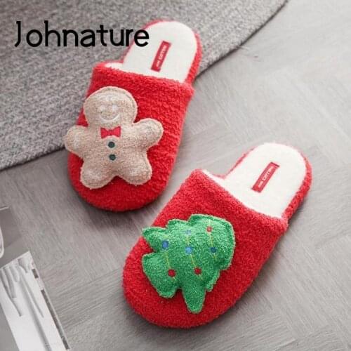 Johnature Indoor Slippers Women Shoes Christmas 2021 New Warm Winter Flat With Comfortable Concise Cotton Casual Ladies Slippers
