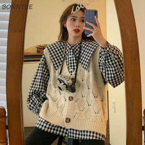Women Sets Spring Autumn Peter Pan Collar Long Sleeve Plaid Shirts Classic Sweet Girls Students Hollow Out Sweater Vests Retro