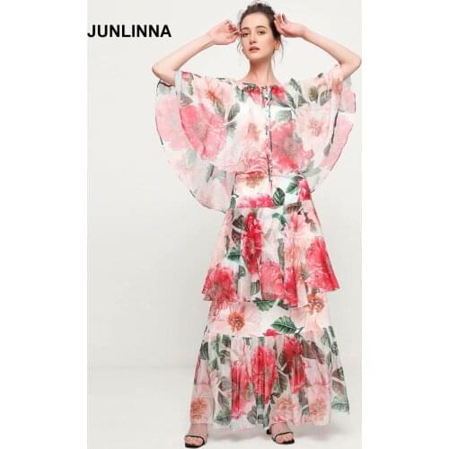 Womens Two Piece Dress Silk and Chiffon Blending Two Piece Sets Fashion New Summer Ruffle Printing Wear Set