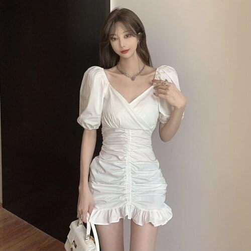 2021 Summer Women Princess Style Mini Party Dress Elegant V Neck Slim White Black Korean Chic Short Dress Puff Sleeve Fold Dress