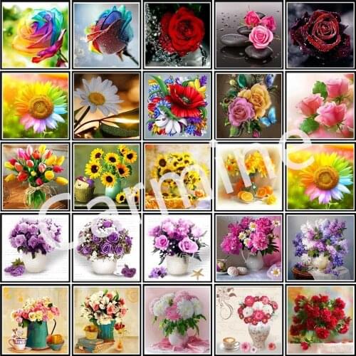 5D Mosaic Pattern DIY Diamond painting Colorful Rose Decoration Vase Cross Stitch Interior Wall Decoration Christmas Gift