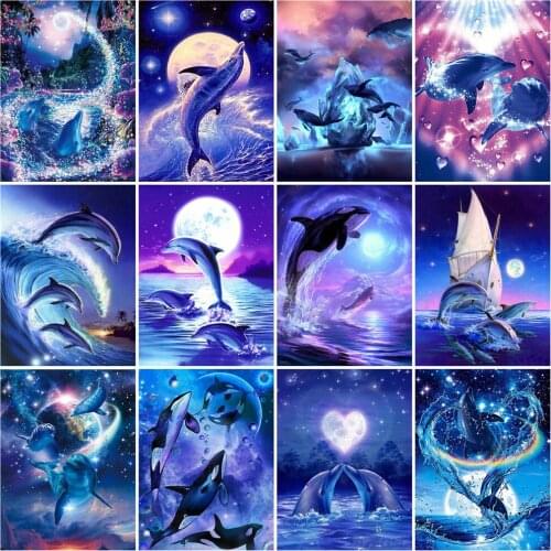 Huacan Diamond Embroidery Mosaic Dolphin 5D DIY Diamond Painting Full Drill Animals Rhinestone Pictures Bedroom Decoration