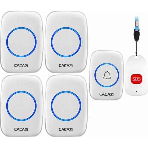 CACAZI Smart Home Wireless Pager Doorbell Old man Emergency Alarm 80m Remote Call Bell 1 Button 1 Pager 4 Receiver US EU UK Plug