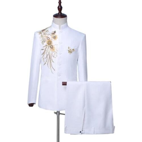Sequin embroidery blazer men groom suit set with pants mens Chinese tunic suit costume singer stage clothing formal dress 997