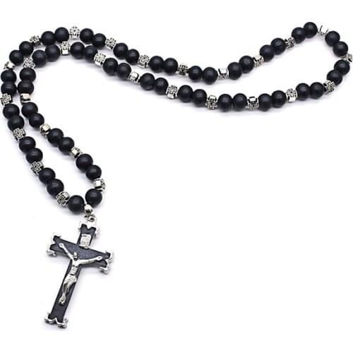 Orthodox Church Crucifix Cross Pendants Rosary Necklace Christ Prayer Black Wooden Rosaries Beads Chain Religious Jewelry