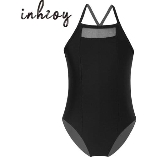 Kids Dancewear Black Sleeveless Transparent Mesh Splice Bodysuit Yoga Gymnastics Children Girls Ballet Leotard Dance Costume