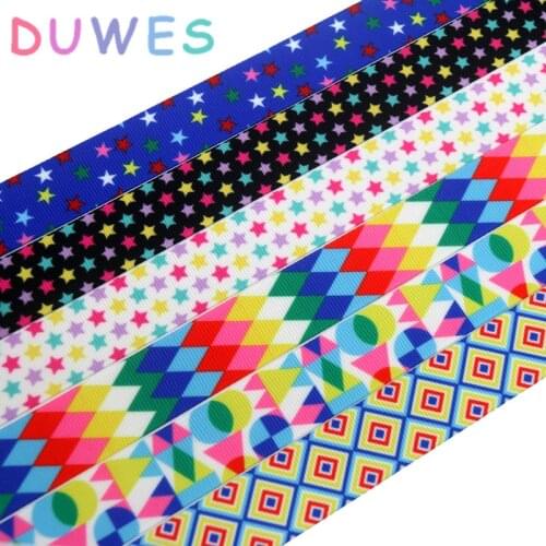 DUWES 50yards stars plaid pattern printed grosgrain Ribbon Accessory hairbow headwear decoration Wholesale OEM DIY D899