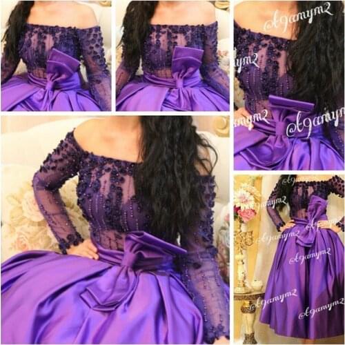 Elegant Tea Length Purple Long Sleeves Evening prom Gown Sequins Flowers Off the Shoulder 2018 mother of the bride dresses