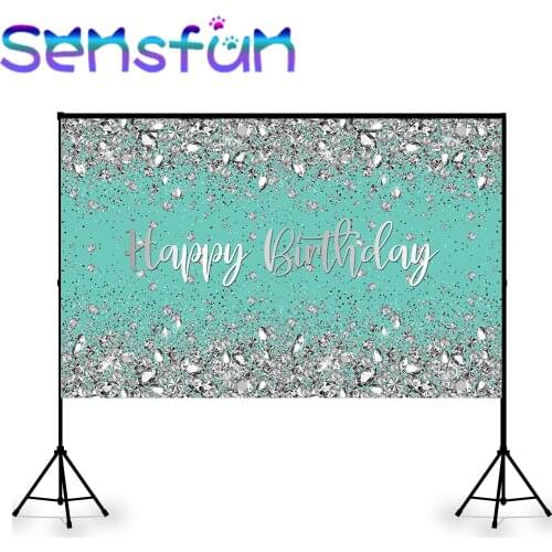 Blue and Silver Glitter Diamond Happy Birthday Backdrop for Photo Studio Customize 16th 18th Birthday Party Decor Background