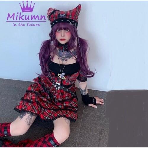 Harajuku Gothic Skirts Punk Lolita Red Plaid High Waist Pleated Cake Mini Skirts Y2K Sets