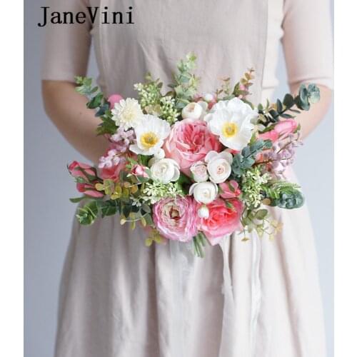 JaneVini 2020 Romantic Bridal Pink Bouquet Wedding Flowers Artificial Silk Roses Bridesmaid Holding Bouquets Wedding Accessories