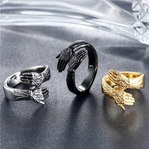 Retro pair of hands Hug Titanium Steel Ring Punk Style Cool Finger Jewelry Birthday Gift