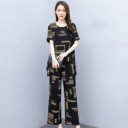 Summer Two Piece Set Women Vintage Short Sleeve Female Tops Elastic Waist Ankle-Length Pants Plus Size XL-5XL Loose 2 Piece Set