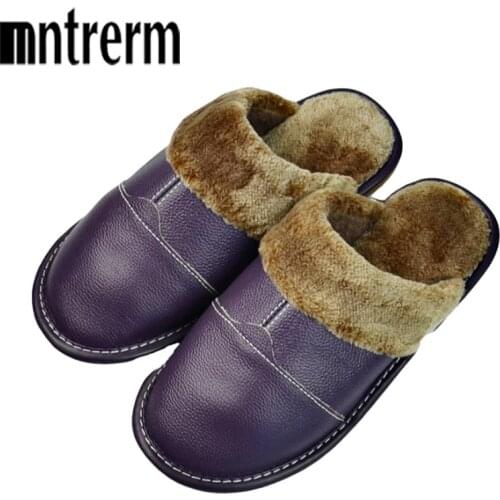 Mntrerm Leather Cotton Slippers Winter Cowhide Cotton Slippers Mens And Womens Non-Slip Home Indoor Warm Floor Shoes