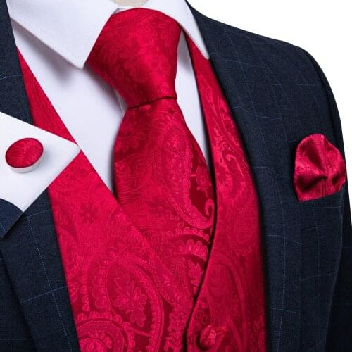 Red Paisley Mens Wedding Suit Vest Casual Business Party Waistcoat Vest Neck Tie Pocket Square Set V-neck Wedding Top DiBanGu