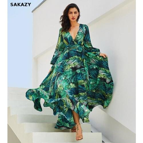Sakazy Summer Boho Dress Green Tropical Beach Vintage Maxi Dresses Bohemia Sexy V Neck Belt Lace Up Tunic Draped Plus Size Dress