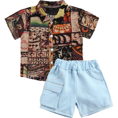 Kid Toddler Boys Summer Clothes Two Piece Set Fashion Printed Single-breasted Short Sleeve Shirt Tops and Short Pants Outfit Set