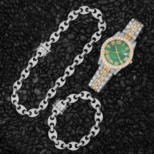 HIP HOP Iced Out CZ Coffee Bean Pig Nose Alloy Rhinestone Watch +Chain+Bracelet Charm Link Chain Bling Necklaces for Men Jewelry