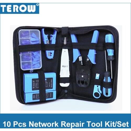 TEROW 10 Pcs Network Repair Tool Kit/Sets LAN Cable Tester RJ45 Crimp Wire Cutter Screwdriver Pliers Maintenance Tool Set Bag