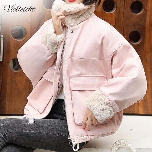 Vielleicht New Casual Autumn Winter Women Short Parkas Warm Fur Spliced Long Sleeve Female Jacket High Street Cotton Jacket Coat