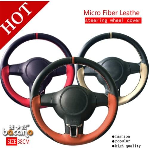 BACANO 38cm Genuine Leather Car Steering Wheel Cover Soft Anti-slip Cowhide red/beige Braid With Needle and Thread Car-Styling