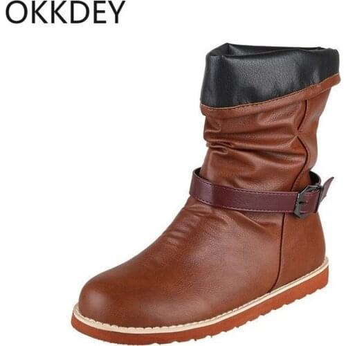 Okkdey large fall / winter 2020 new European and American round head belt buckle flat bottomed casual Martin boots women shoes