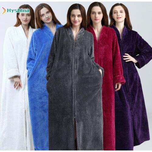 Autumn winter thickened zipper Nightgown flannel couples nightdress lengthened fattening bathrobe mens womens warm pajamas