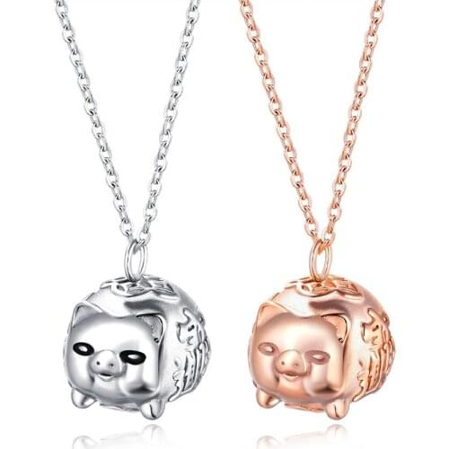 Cute Pig with Chinese characters Pendants Necklaces For Women Charm steel/Rose Gold Stainless Steel Chain collar Jewelry Gift