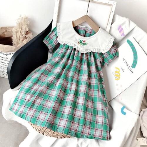 Girls Princess Dress New Summer Kid Girls Dress Flower Embroidery Children Party Suits Plaid Stripe Costume Children Clothing