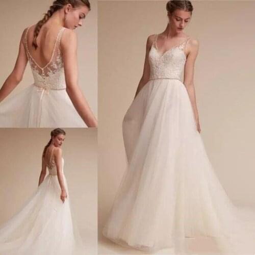 A-Line Wedding Dress Boho 2020 V-Neck vestido de novia Beach Bride Dresses Beads Lace Tulle Open Back Straps robe de marie New