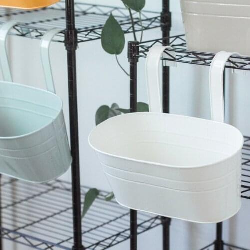 Iron Hanging Flower Pots Balcony Planters Garden Pots Flower Holders Double Hooks Oval Bucket Wall Hanging Decor Home Accessorie