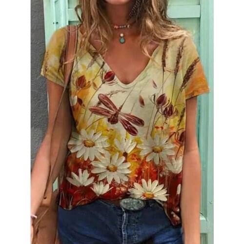 2021 summer new graphic T-shirt ladies 3D floral print V-neck short-sleeved T-shirt casual loose oversized T-shirt Y2K top plus