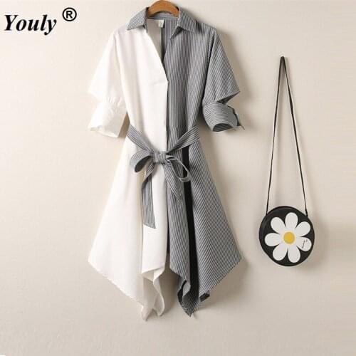 Irregular Asymmetry Belt Lapel Striped Shirt Dress Women Summer 2021 Fashion Eleganted Office Ladies Casual Party Mini Dress
