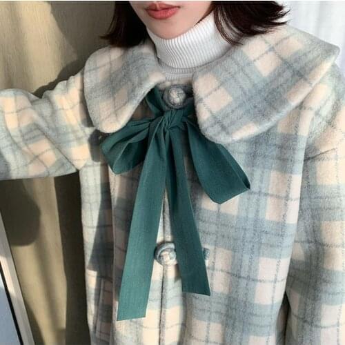 Herstory Plaid Women Bow Single Breasted Japanese Woolen Coats Chic Trendy Kawaii Harajuku Jackets Students Female Clothing