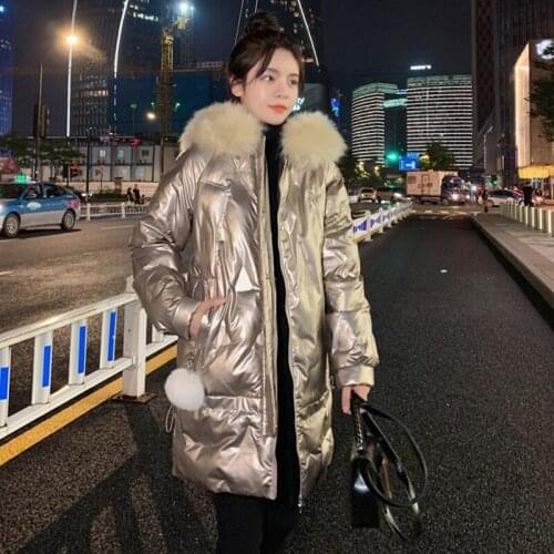 Winter Thick Glossy Casual Womens Long Parkas Big Fur Collar Hooded Down Cotton Jacket Shiny Ladies Quilted Zipper Puffer Coats