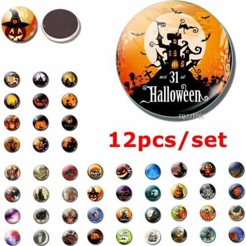12Pcs Halloween Theme Refrigerator Sticker Glass Dome Pumpkin Witch Magnetic Sticker Halloween Home Decoration Fridge Magnets