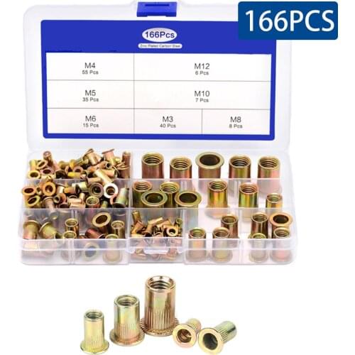 166PCS/Box Blind Rivet Nuts M3 M4 M5 M6 M8 M10 M12 Carbon Steel Flat Head Threaded Insert Nut Assortment Kit